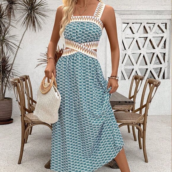 Blue Casual Women's Printed Patchwork Woven Belt Sleeveless Hollow Out Dress - Picture 1 of 6